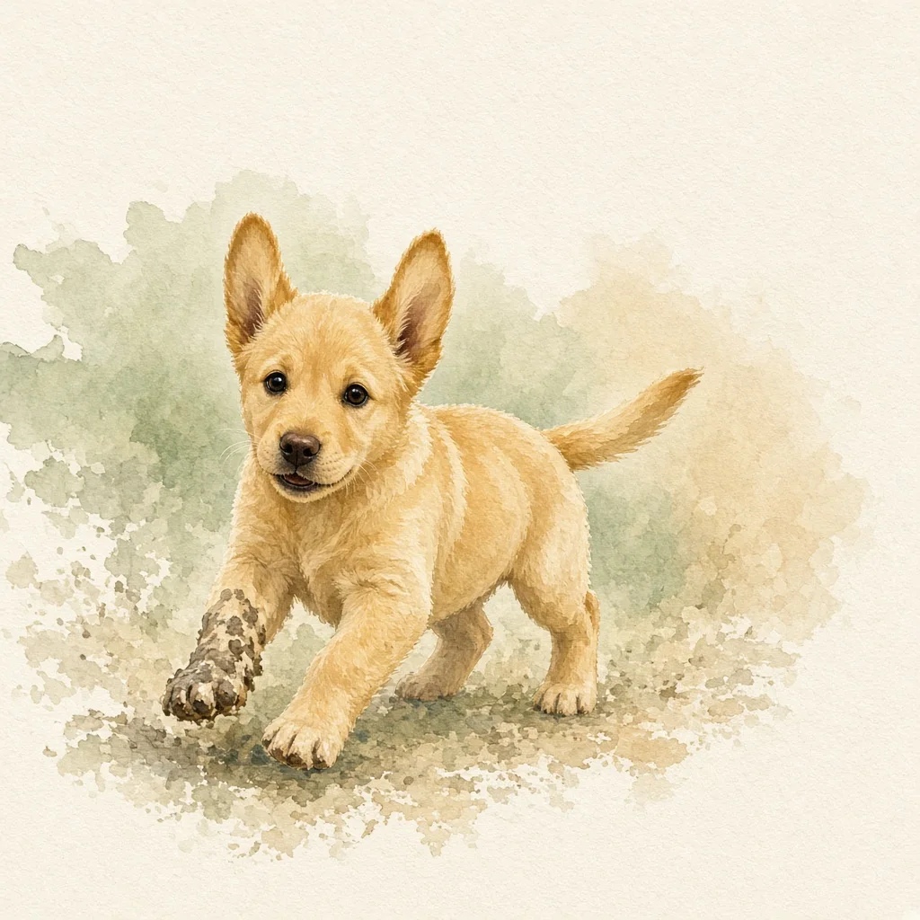 Concept art: Atlas as a pale yellow puppy running