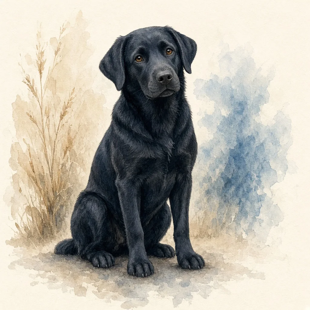 Concept art: Baron, a black Lab, sitting in a watercolor field