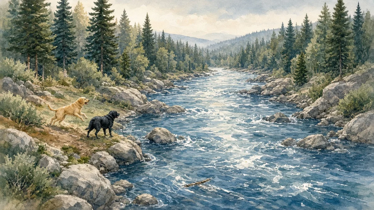 Concept art: a mountain river where the stick is lost