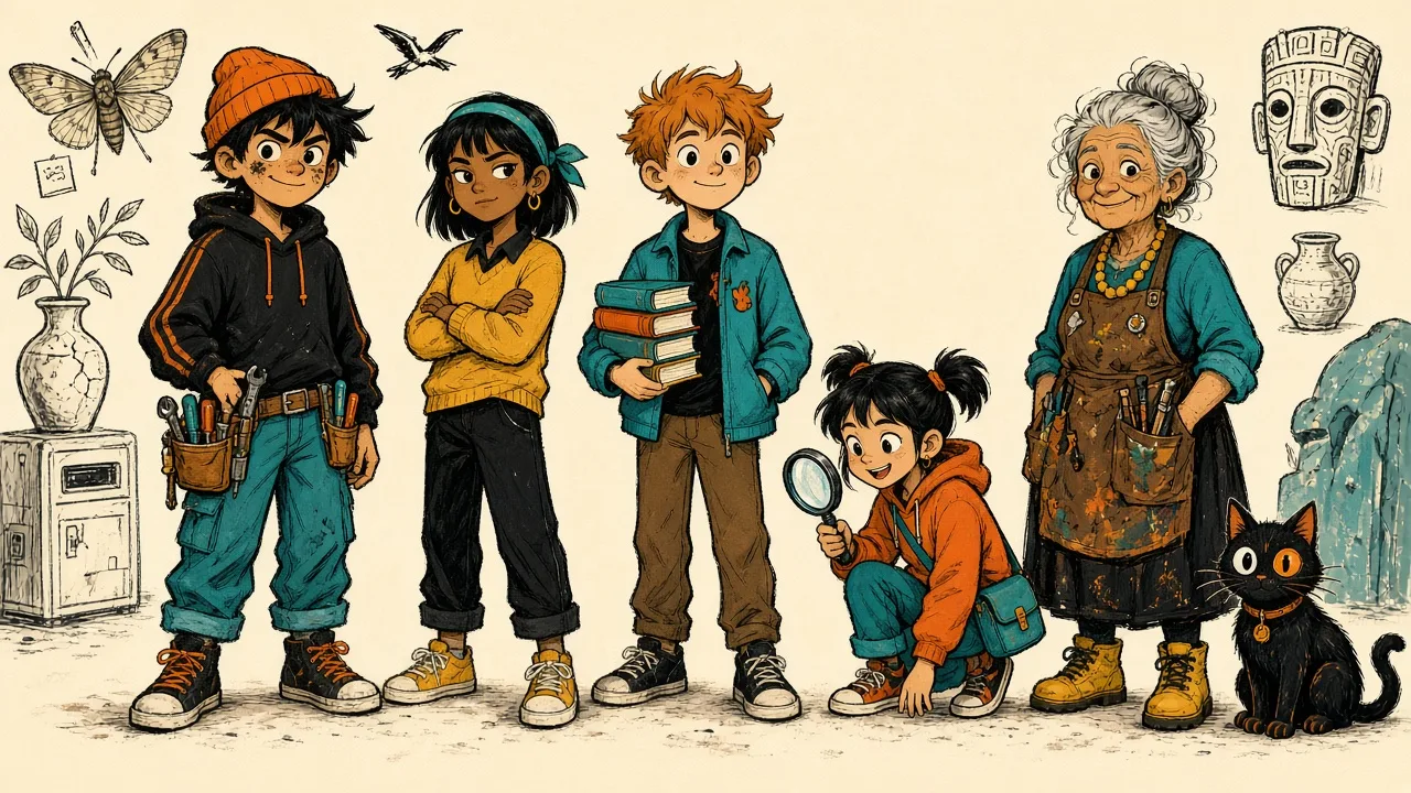 Concept art: a line-up of kids with tools, books and a magnifying glass, an older woman in a work apron, and a black cat