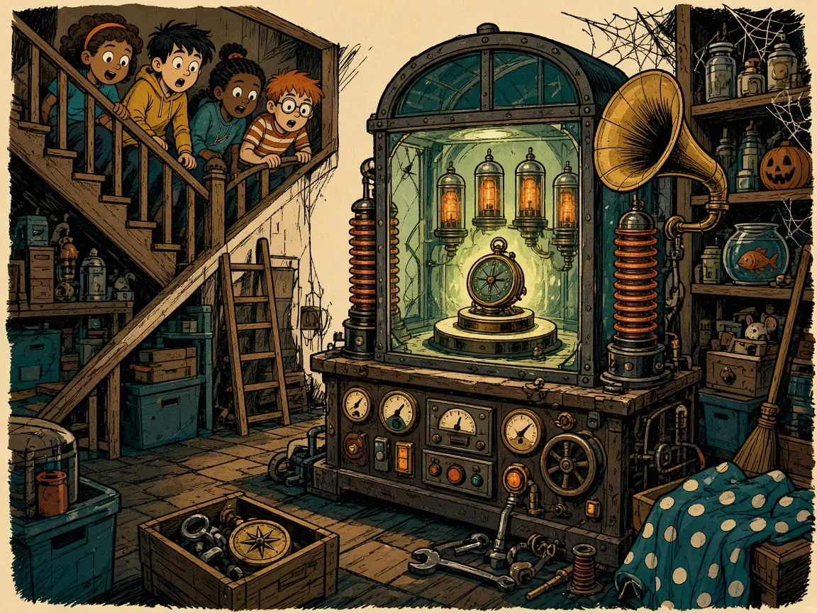 Concept art: kids on a basement staircase staring at a glowing machine with gauges, coils and a gramophone horn