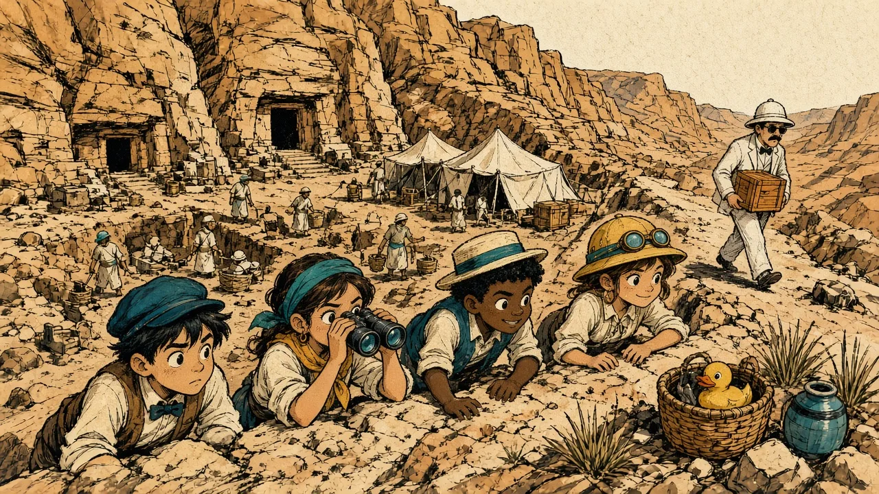 Concept art: kids lying on a ridge with binoculars, watching an excavation camp in a desert valley