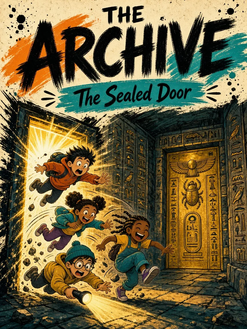 Concept art: rough cover mock titled The Archive, with kids tumbling through a bright doorway into a tomb corridor