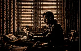 A man at a desk in hard window light