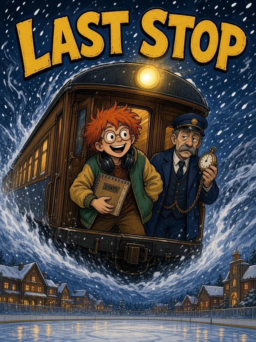 Concept art: rough LAST STOP Book 1 cover with the kid and the Conductor on the train